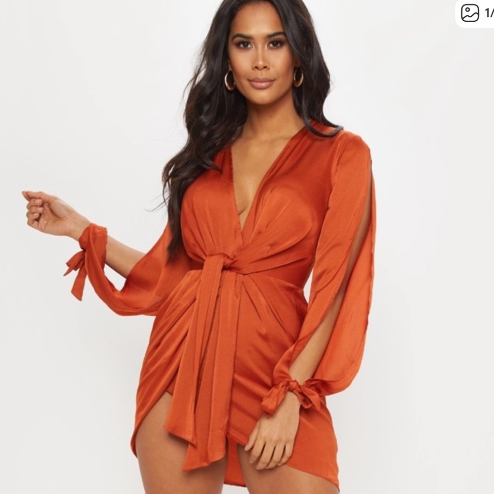 PLT Rust Satin Twist Front Open Sleeve Wrap Dress